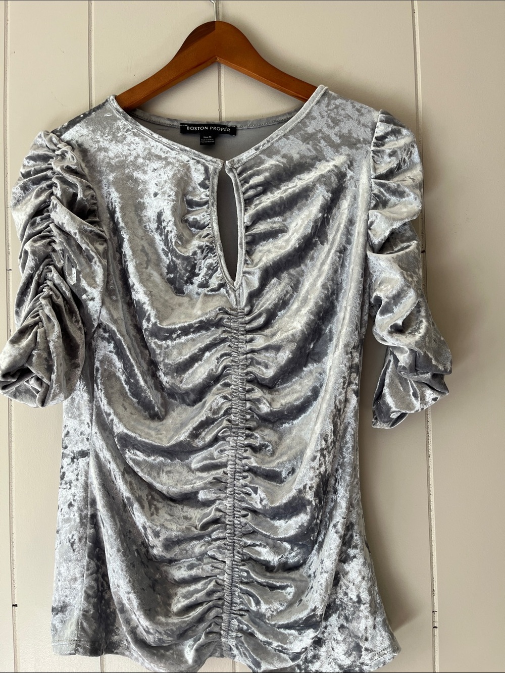 Boston Proper Silver Crushed Velvet Ruched Keyhole Top